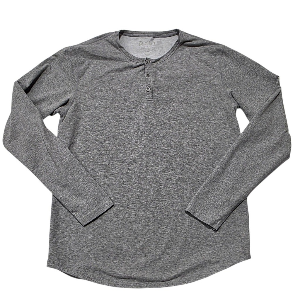 BYLT Basics Henley Long Sleeve Shirt Mens Large Gray Cotton Blend Drop Hem